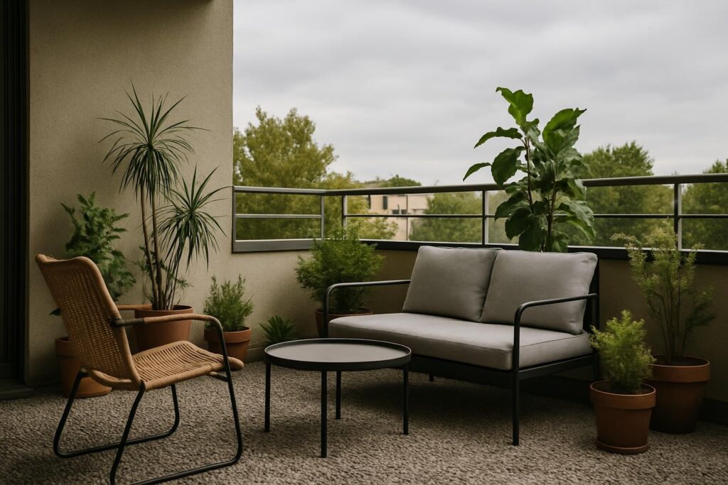 Balkon mit Steinteppichboden, Pflanzen und Sitzbereich bei bewölktem Himmel