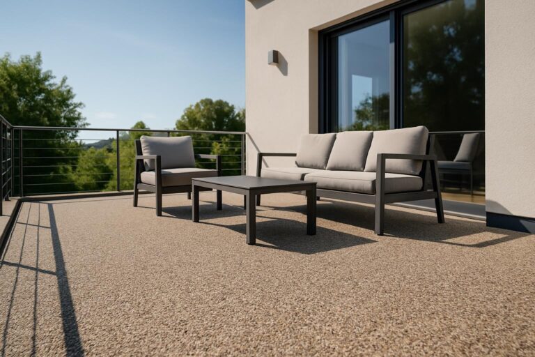 Terrasse mit frisch verlegtem Steinteppich bei Sonnenschein und moderner Gartenausstattung