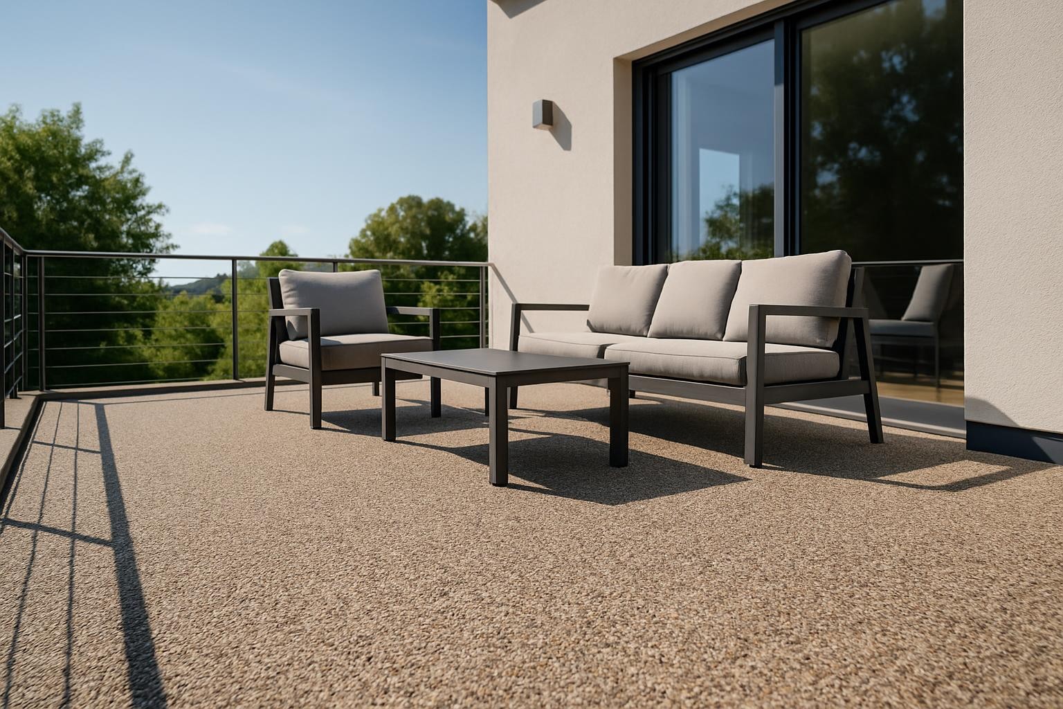 Terrasse mit frisch verlegtem Steinteppich bei Sonnenschein und moderner Gartenausstattung