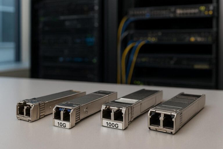 Verschiedene Transceiver für 10G, 25G und 100G auf einem Tisch in einem Serverraum
