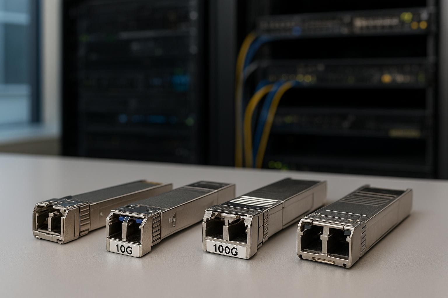 Verschiedene Transceiver für 10G, 25G und 100G auf einem Tisch in einem Serverraum